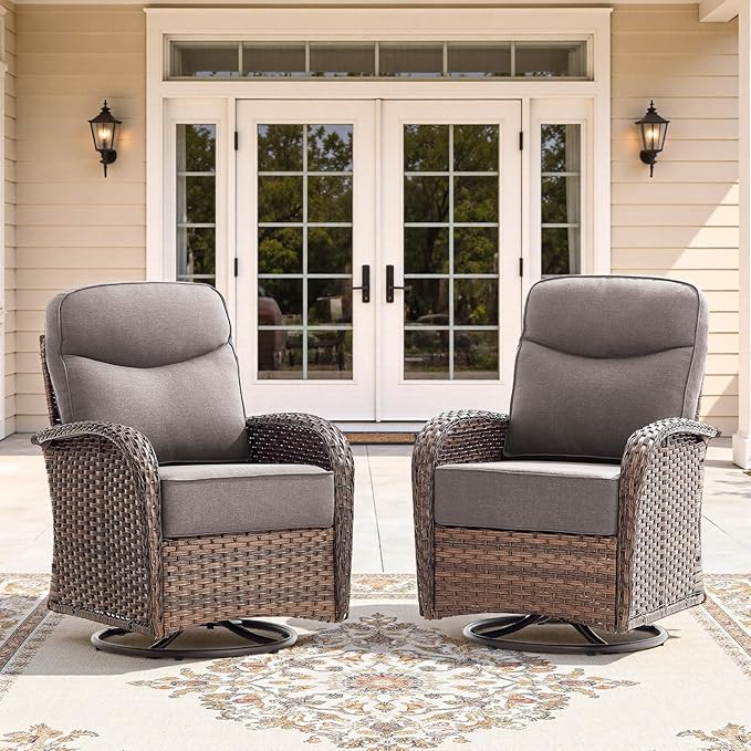 2-Piece Luxury Patio Conversation Set with 6-Inch Thick Cushions, High-Back Outdoor Swivel Rocking Chairs & Side Table, All-Weather Furniture Set for Porch, Deck, Balcony or Backyard – Grey