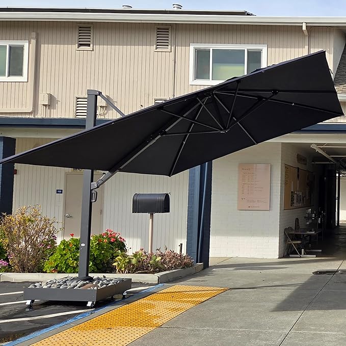 PURPLE LEAF 11' X 15' Rectangle Patio Umbrella Large Cantilever Outdoor Aluminum Offset Umbrella with 360° Rotation Cantilever Umbrella with Base Included for Garden Deck Backyard Pool Navy Blue