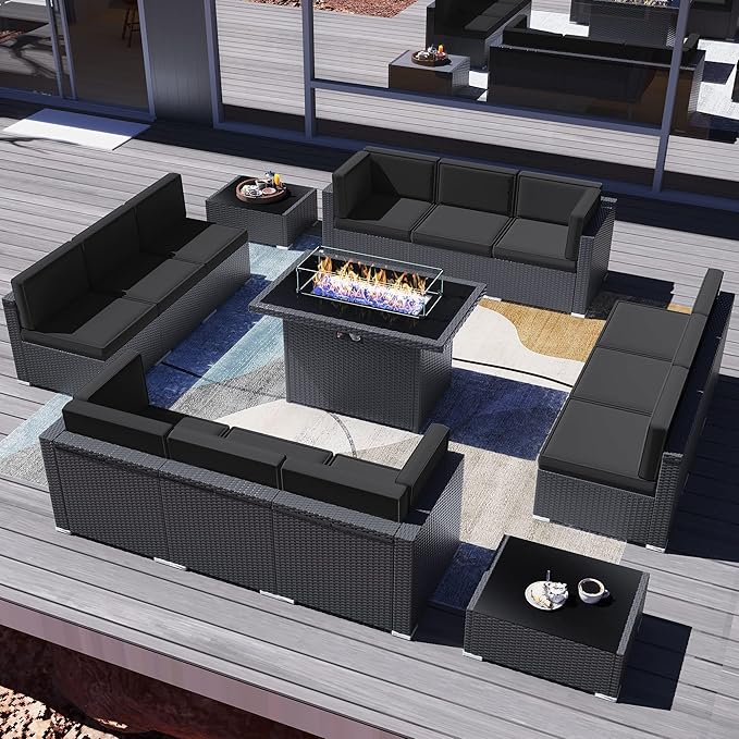 15 Pieces Patio Furniture Set with 44" Propane Gas Fire Pit Table, Outdoor Sectional Wicker Conversation Sofa Sets with Coffee Table
