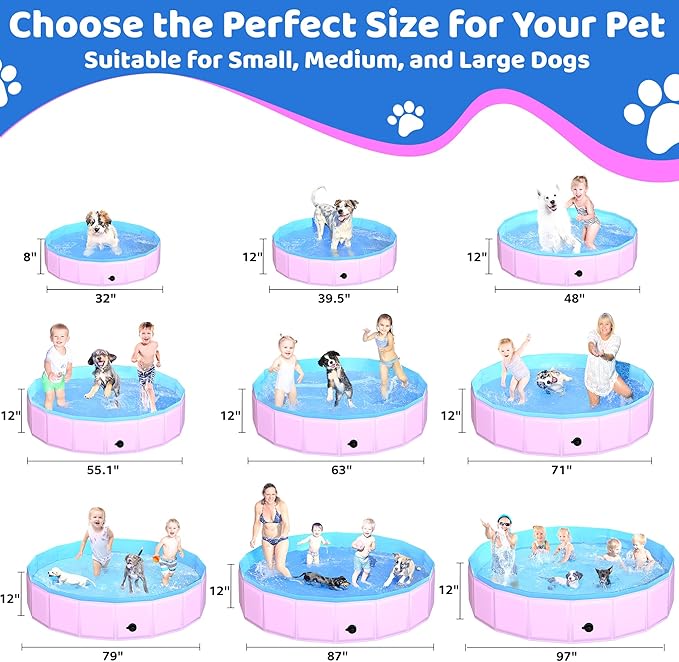 CACSPS 2025 Updated Foldable Dog Pool, 97" x 12" Kiddie Pool with Hard Plastic, Non-Slip Dog Bath Tub for Outdoor Backyard, Collapsible Dog Swimming Pool for Kids Dogs Pets (Pink)