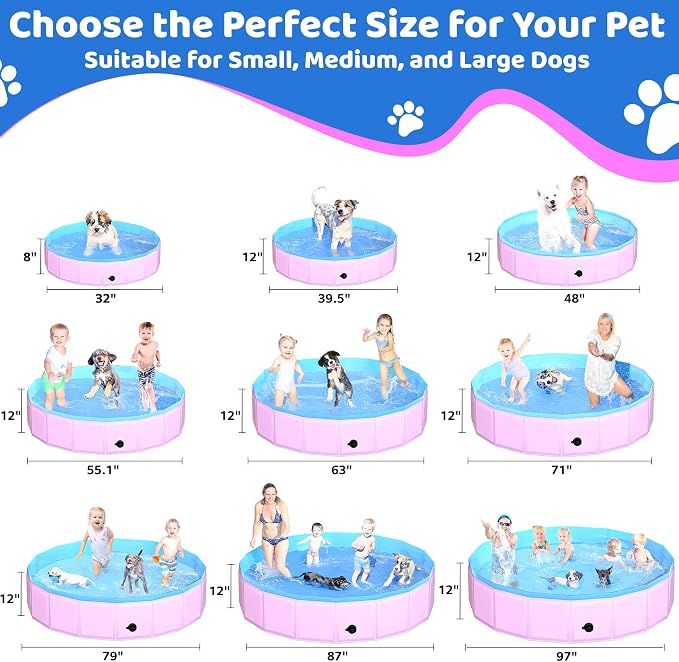CACSPS 2025 Updated Foldable Dog Pool, 87" x 12" Kiddie Pool with Hard Plastic, Non-Slip Dog Bath Tub for Outdoor Backyard, Collapsible Dog Swimming Pool for Kids Dogs Pets (Pink)