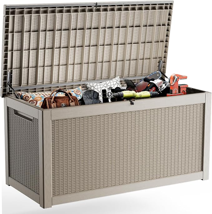 PatioZen 320 Gallon Deck Boxes Outdoor Waterproof, Weatherproof Outdoor Storage Boxes Lockable for Patio Furniture, Pool Supplies,Garden Tools(Grey)