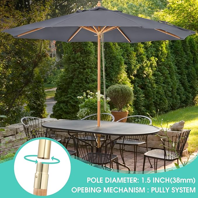 9ft Bamboo Umbrella, Outdoor Patio Umbrella, Waterproof Market Umbrella, 8 Ribs Table Umbrella with Pulley Lift for Garden, Deck, Pool, lawn, Backyard