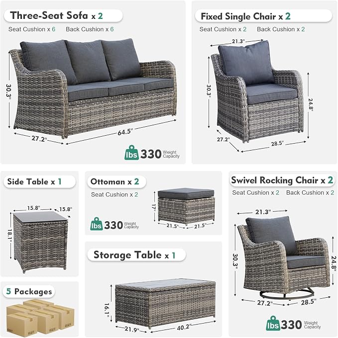 MEISSALIVVE Outdoor Patio Furniture Set with Swivel Chair, 10 Pieces Patio Conversation Set, Patio Sectional Furniture Set with 2 Three-seat Sofa, 2 Fixed Single Chair and Coffee Table (Grey)