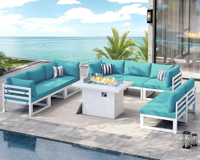 NICESOUL 8 Seat Oversized Modern Aluminum Patio Furniture Set, All Weather Rust Proof Modular Sectional Sofa with Fire Pit Table, 500 lbs Heavy Duty Comfortable Outdoor Couch for Garden Backyard, Teal