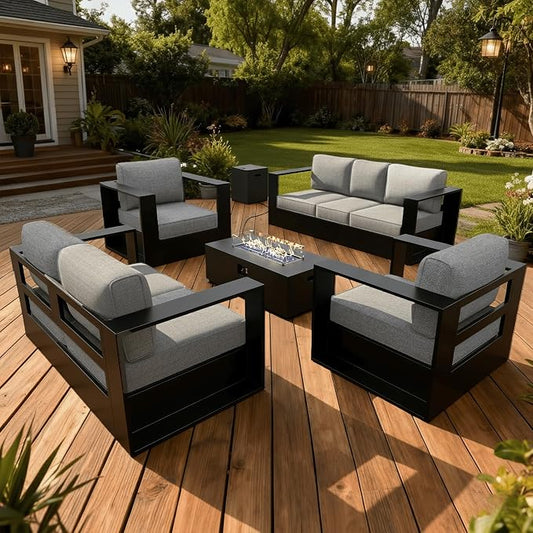 LayinSun Oversized Aluminum Outdoor Furniture Set, 5 Piece Patio Sofa Sets with Fire Pit Table, Deep Seating and Upgraded 6-inch Cushions for Porch, Balcony, Deck