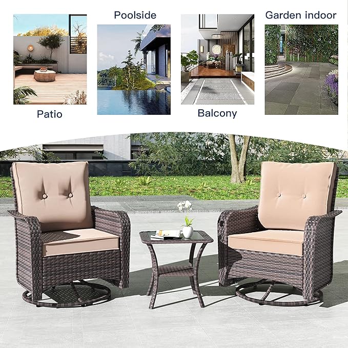 Kullavik 3 Pieces Patio Furniture Set,Outdoor Swivel Glider Rocking Chairs Set,Front Porch Furniture Patio Conversation Sets with Side Table for Balcony Deck Backyard,Sand