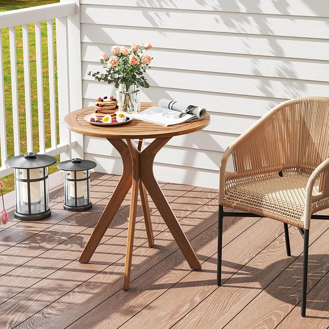 Tangkula 27.5 Inch Acacia Wood Outdoor Patio Bistro Table, Round Wooden Table w/X Base, Coffee Side Bistro Table for Garden, Backyard, Patio, Living Room (Teak)