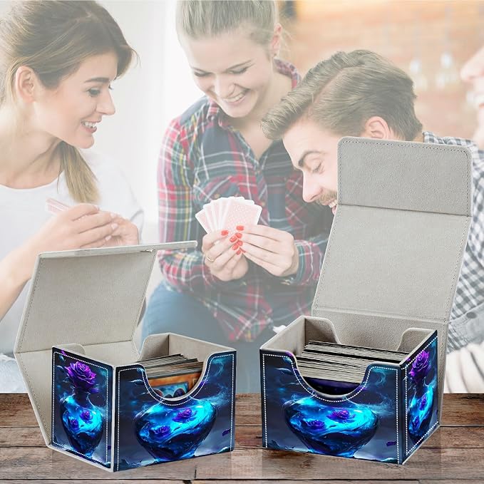 Card Deck Box for MTG, Cards Storage Box Fits 120+ Sleeved, Leather Small Size Strong Magnetic Closing Card Case for Board Games Magic TCG CCG Baseball Collection, Purple Rose Vase