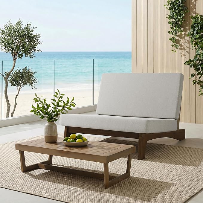 UIXE Wood Patio Furniture Sets, 2 Pieces All Weather Patio Loveseat Outdoor Sofa with Solid Wooden Coffee Table - Light Camel