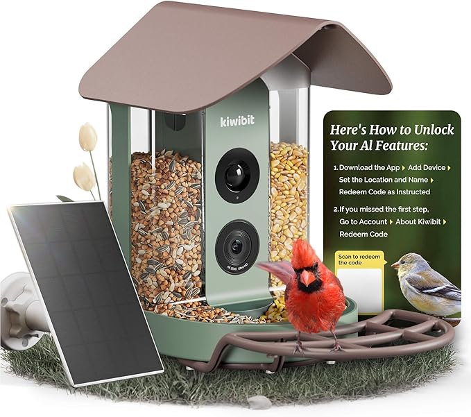 Kiwibit Smart Bird Feeder 4K AI Camera with Solar Panel, No Subscription, Lifetime AI Feature Included, 4K Video Live Stream, 8MP Photos Auto Capture, Bird Species Identification, Bird Notification