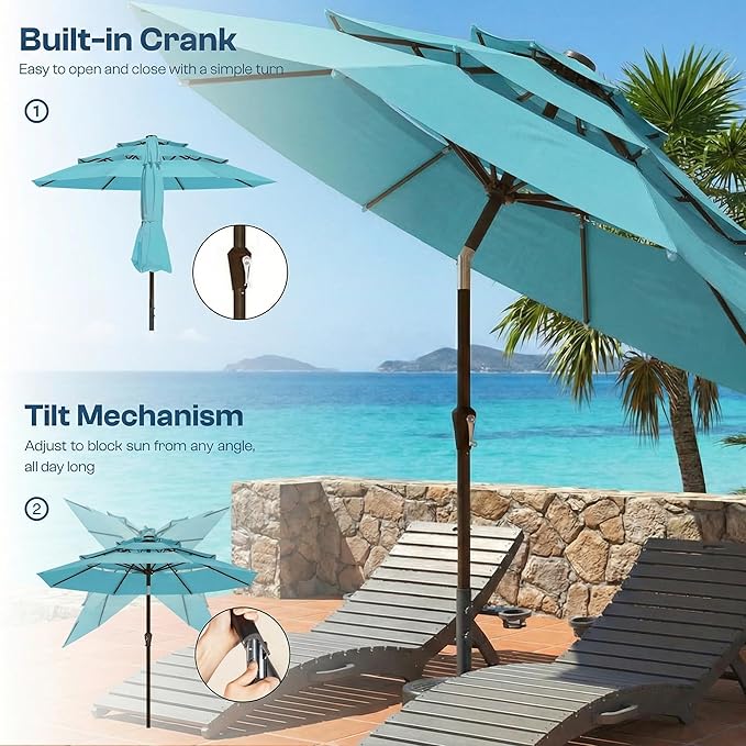 10ft Patio Umbrella, 3 Tier Outdoor Market Table Umbrellas with 8 Fiberglass Ribs and Push Button Tilt, Windproof, Vented Canopy, UV Protection for Deck, Pool, Backyard