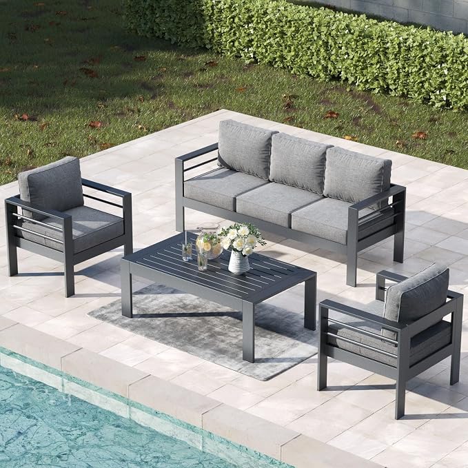 4 Pieces Aluminum Outdoor Patio Furniture Set with Coffee Table, Modern Metal Conversation Sofa Set with Deep Seating