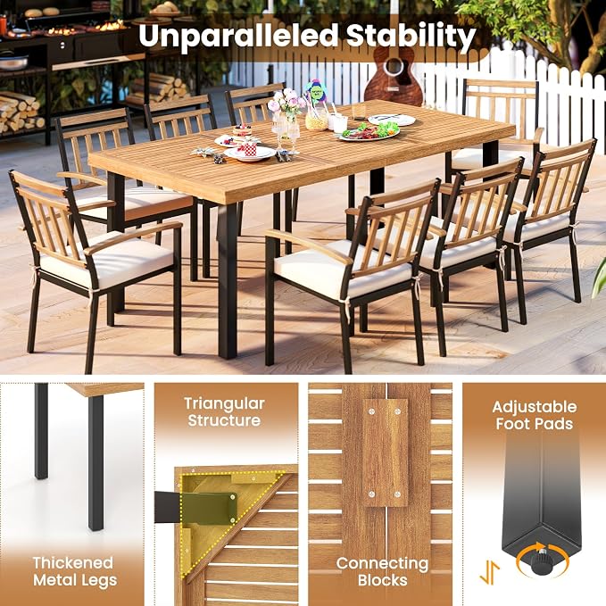 RELAX4LIFE Patio Outdoor Dining Table for 8, 79’’ x 39.5’’ Acacia Wood Rectangular Table w/Slatted Top, Umbrella Hole & Metal Legs, Indoor Outdoor Picnic Bistro Table, 8-Person Patio Dining Table