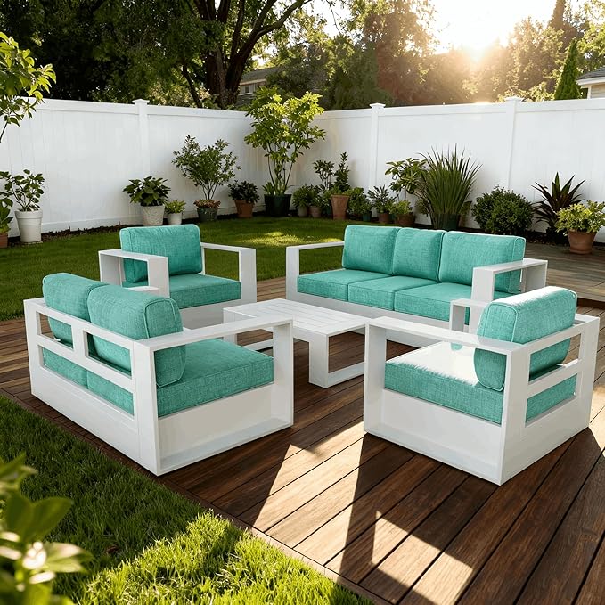 5 Pieces Patio Furniture Set with Coffee Table, Metal Modern Conversation Set with Deep Seating and Widened Aluminum Frame for Deck, Porch, Garden