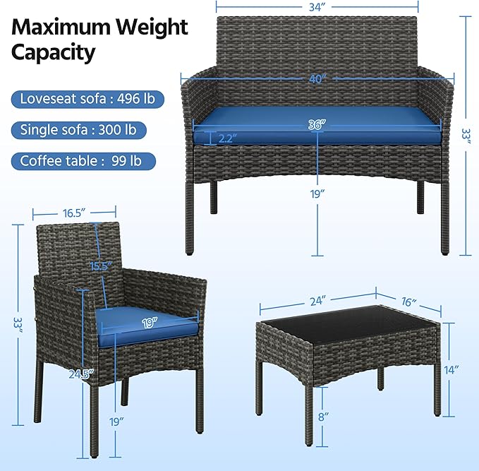 Yaheetech Patio Furniture Set 4 Pieces Conversation Sets, Rattan Chair Wicker Set Loveseat with Soft Cushion and Glass Table for Backyard Porch Garden Poolside Balcony, Gray and Dark Blue