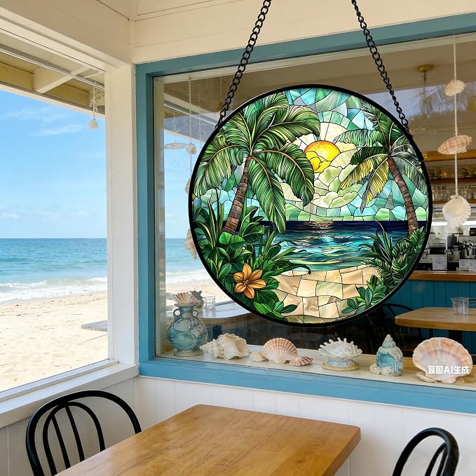 DASTOLL Stained Glass Window Hanging, Green Beach Scenery Suncatcher Diamond Glass Panel Hangings Sun Catchers Decor for Birthday for Women, Men, Wife, Aunt, and Mom 14.9x14.9 in