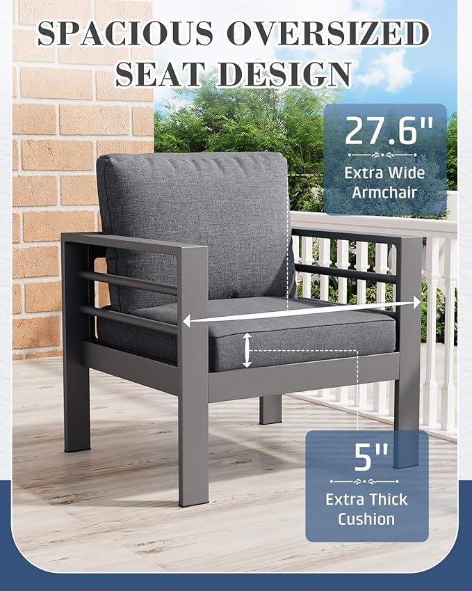 AECOJOY Aluminum Patio Furniture Set, 5 Seats Modern Outdoor Furniture with Coffee Table, 4 Pieces Metal Conversation Sectional Sofa, Dark Gray
