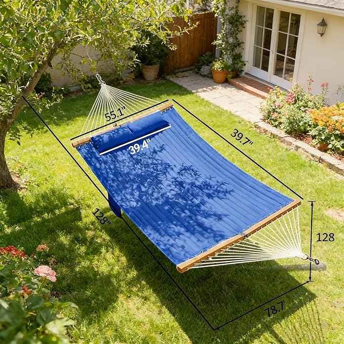 2-Person Tree Hammock Outdoor, Portable Double Hammock Without Stand, Detachable Headrest Magazine Pocket, 450 lbs Capacity, Camping Patio Backyard Indoor Outdoor Hammock Bed (Navy Blue)