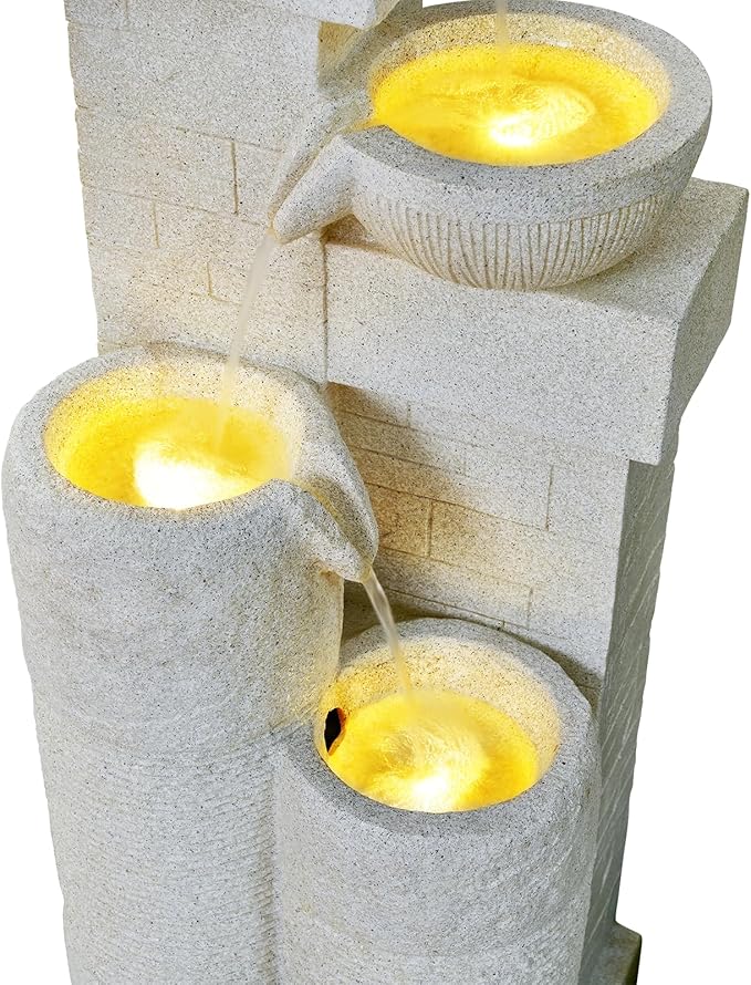 42.13" 4-Tier Outdoor Garden Water Fountain, Floor-Standing Cascading Waterfall with LED Lights, Rustic Pot Water Feature for Patio, Backyard, Deck, Porch, Indoor Outdoor Home Decor