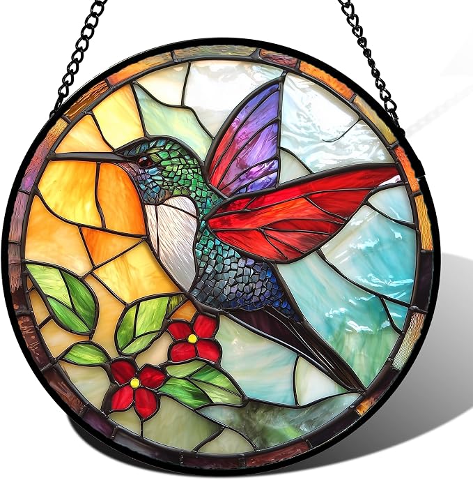 DASTOLL Stained Glass Window Hanging, Hummingbird Gifts Sun Catchers Diamond Glass Panel Hangings Birds Suncatcher Decor for Birthday for Women, Men, Wife, Aunt, and Mom 14.9x14.9 in