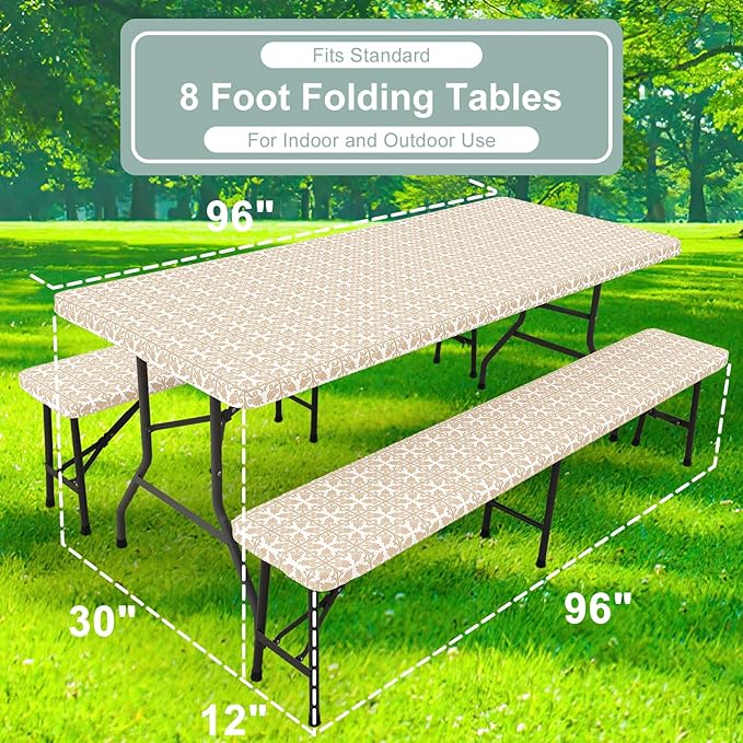 misaya Picnic Table Cover with Bench Cover, Waterproof Elastic Fitted Tablecloth for 8 Foot Tables, Rectangle Washable Polyester Tablecloths for Picnic, Camping, Outdoor (Khaki, 30" x 96")