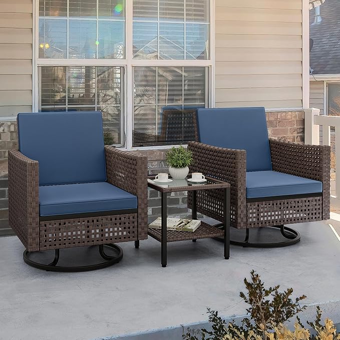 YITAHOME 3 Pieces Swivel Patio Set w/2.8" Thickened Cushions, All Weather Wicker Patio Furniture Set w/Patio Rocking Chairs & Rattan Side Table for Backyard Deck Poolside, Blue