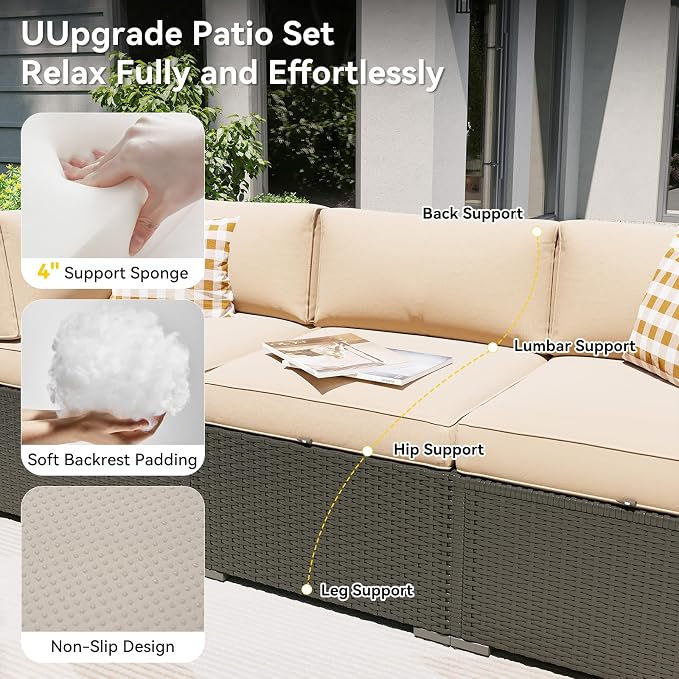 Aoxun Patio Furniture Set with Umbrella, 8 Piece Outdoor Sectional Sofas, Wicker Rattan Outdoor Furniture with Thickened Cushion for Backyard, Garden Beige
