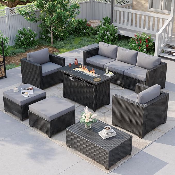 Aoxun Patio Furniture Set with Fire Pit Table, 7 Seats Piece Outdoor Furniture Set with Wicker Ottomans, Rattan Outdoor Sectional Sofa with Storage Table & Waterproof Cover Grey