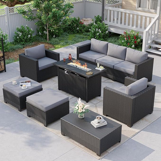 Aoxun Patio Furniture Set with Fire Pit Table, 7 Seats Piece Outdoor Furniture Set with Wicker Ottomans, Rattan Outdoor Sectional Sofa with Storage Table & Waterproof Cover Grey