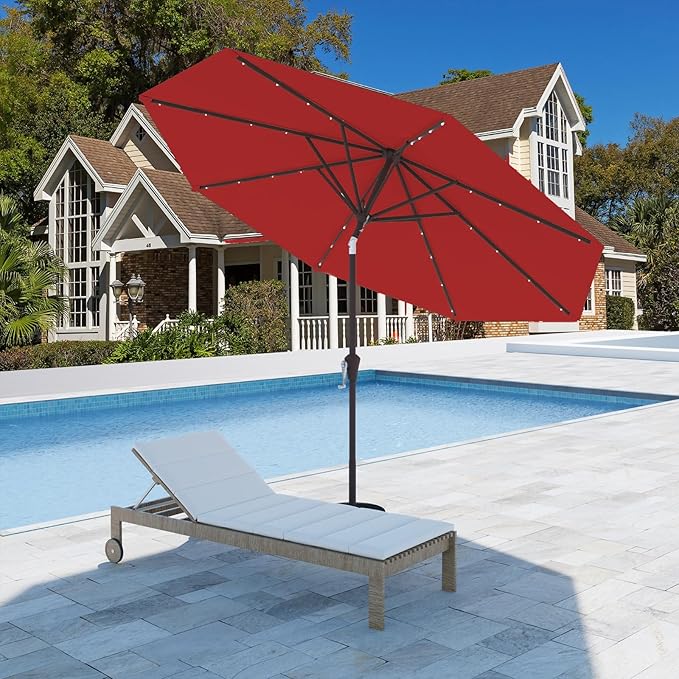 9FT Patio Umbrella with Solar Lights,Outdoor Market Umbrella with Tilt and Crank, LED Lighted Table Umbrella for Garden,Deck,Backyard,Pool,Beach (Red)