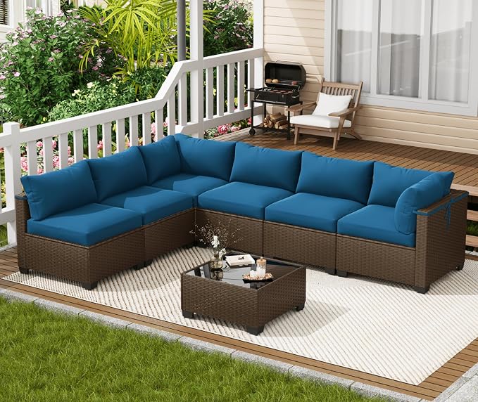 LOUVIXA 7 Piece Outdoor Patio Furniture Set, Outdoor Sectional Sofa, Wicker Rattan Patio Furniture, Patio Conversation Set with Coffee Table & Cushions