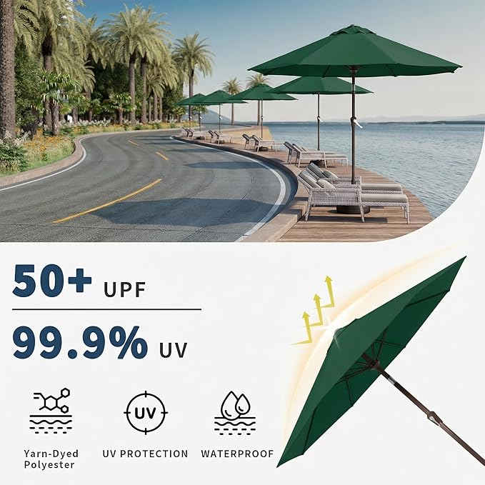 9FT Patio Umbrella Outdoor Table Umbrella w/Push Button Tilt and Crank, 8 Sturdy Ribs, UV Resistant Waterproof Market Umbrella for Pool, Deck, Backyard, Garden, Forest Green