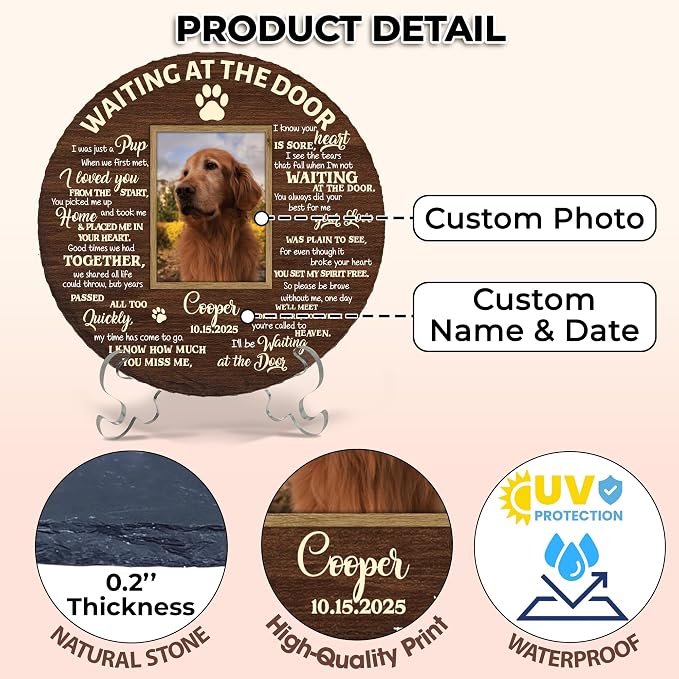 Personalized Pet Memorial Garden Stone for Dogs - Waiting at The Door Dog Memorial Natural Stone with Photo, Condolences Sympathy Gift for Dog Lovers, Pet Loss Gifts, Waterproof for Indoor & Outdoor