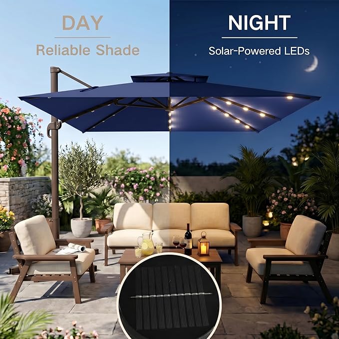 Kingdura Cantilever Patio Umbrella with Double Top Vent, Large Square Aluminum Outdoor Offset Umbrella with 360-degree Rotation, Infinite Tilt, UV Protection for Pool Deck Garden Patio