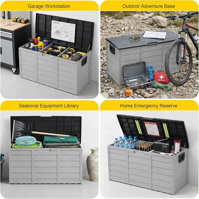 75 Gallon Resin Deck Box, Waterproof Anti-UV Lockable Outdoor Storage Bin for Patio Furniture Garden Tools, Heavy Duty Indoor Package Delivery Deck Boxes for Pillows Pool Cushions, Gray