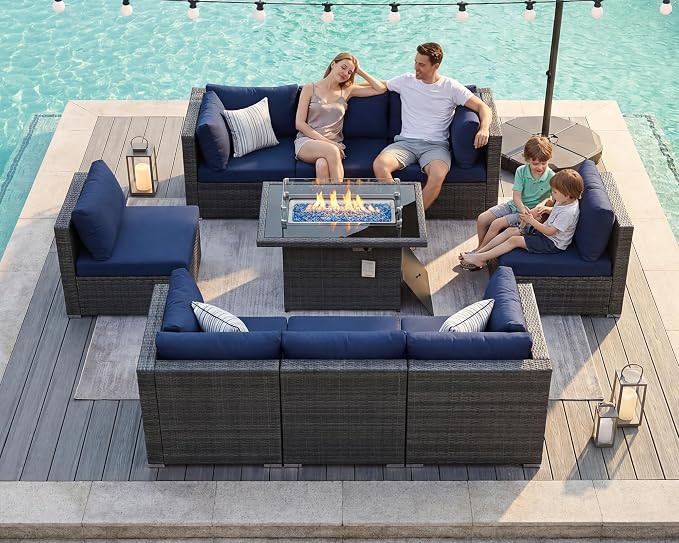BULEXYARD 9 Piece High Back Outdoor Sectional Seating with Fire Pit Table, Heavy Duty Sturdy Wicker Patio Set Conversation Couch Sofa, Extra Wide Deep Large 8-Person Deck Furniture, Grey & Navy Blue