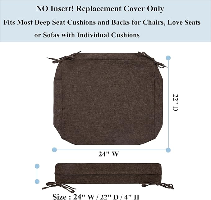 FUNHOME 2 Pack Outdoor Cushion Covers 24" x 22" x 4", No Insert! Water-Resistant Patio Chair Seat Cushion Covers with Zipper and Tie, Replacement Cover Only(Brown)