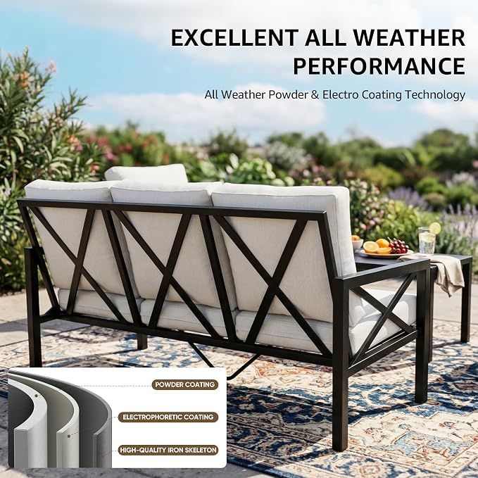 NATURAL EXPRESSIONS 4 Piece Metal Outdoor Patio Furniture Set, Patio Conversation Set with Extra Thick Cushion and Table, Black Frame Backyard Furniture (3 Seater with 2 Fix Chairs Set)