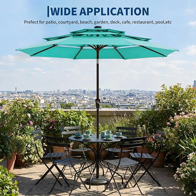 Garvee 9ft 10ft Patio Umbrella with Solar Lights, 3-Tier Umbrella Outdoor Patio with LED Lights, Ventilation, Easy Crank & Tilt, 8 Sturdy Ribs, UV Protection, Large Patio Umbrella for Deck, Pool