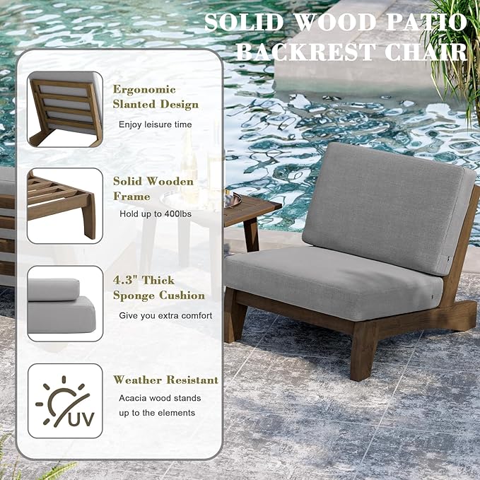 UIXE Wood Patio Furniture Sets, 4 Pieces All Weather Outdoor Sectional Futniture Patio Sofa Chair Backyard Conversation Set with Solid Wooden Coffee Table - Light Gray