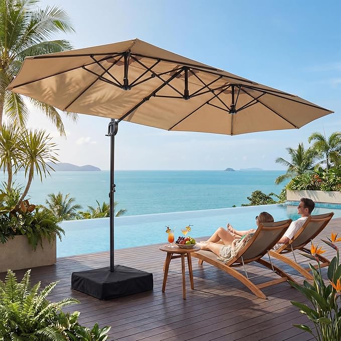 COSIEST 8 * 13FT Cantilever Patio Umbrella with Base,Large Rectangle Offset Umbrella，Heavy Duty Double-Sided Table Market Umbrella for Garden, Pool, Deck Shade, Khaki