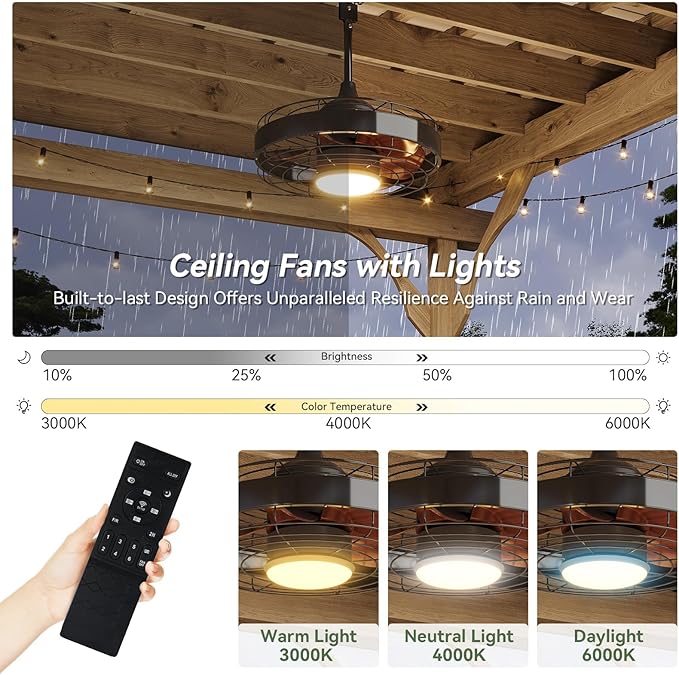 Aoxun 12' x 20' Outdoor Wood Gazebo with 20" Ceiling Fan with Light, Hardtop Gazebo Permanent Wooden Pavilion with Galvanized Steel Gable Roof, for Patio, Garden, Deck, Cedar Wood