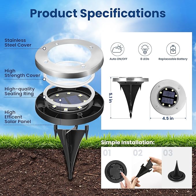 GIGALUMI Solar In-Ground Fence Lights - 12 Pack Cool White, Waterproof Fence Perimeter Lights, No-Drill Installation, Compatible with Wood, Metal, Vinyl, Concrete and Composite Fences