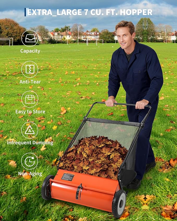 26-Inch Push Lawn Sweeper, 7 Cu. Ft. Hopper Capacity Leaf & Grass Collector with 4 Spinning Brushes, Adjustable Height, for Grass Clippings, Leaves & Debris, Orange