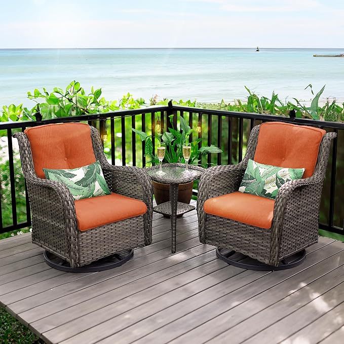 Outdoor Wicker Rocker Chairs Set of 3, High Back Patio Chairs Wicker Furniture Set, 2PCS Rattan Swivel Rocking Chair with Side Table(Mixed Grey/Orange)