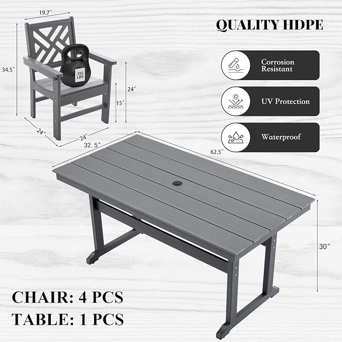 HDPE Dining Table Set for 4,5-Piece Outdoor Table and Chairs Include 4 Dining Chairs and 62.5" Patio Dining Table with Umbrella Hole (Gray)