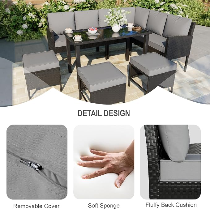 7 Pieces Outdoor Dining Set, Wicker Conversation Patio Furniture with Glass Table, L-Shaped PE Rattan Sectional Sofa Seating with Ottomans for Outside, Backyard, Balcony, Garden, Gray Cushions