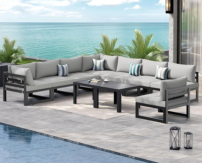 NICESOUL Oversized Modular Aluminum Outdoor Furniture Set, 29" Deep Wide Sectional Seating Set of 10, 500 lbs High Weight Capacity Water Resistant Patio Conversation Set for Garden Deck, Light Gray