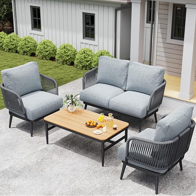 Outdoor Patio Furniture Set 5-Piece, Outdoor 4-Seat Sofa with Coffee Table, Waterproof Thick Cushion Patio Conversation Set, All Weather Outdoor Couch Set for Deck, Lawn, Balcony, Porch
